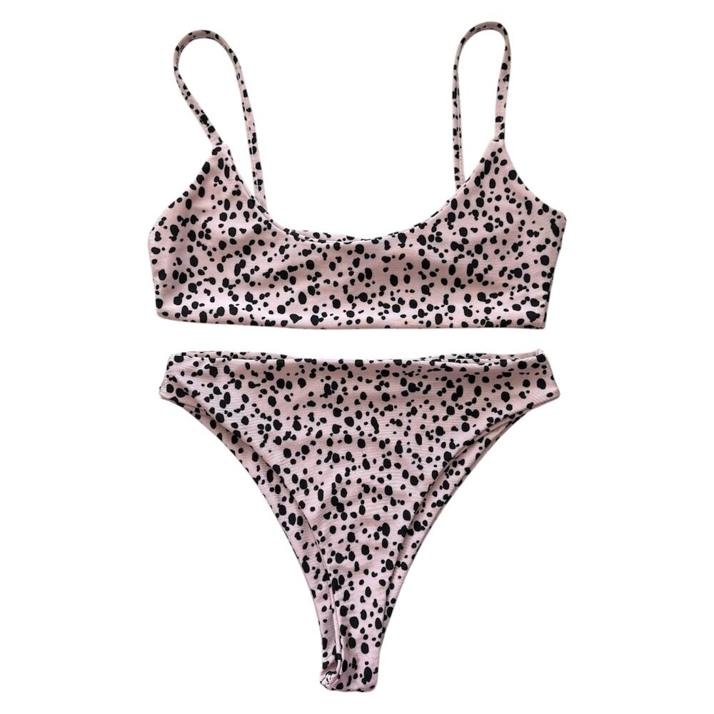 Nasty Gal Pale Pink & Black Dalmatian Scoop Neck High Leg Bikini Set Size 2 US